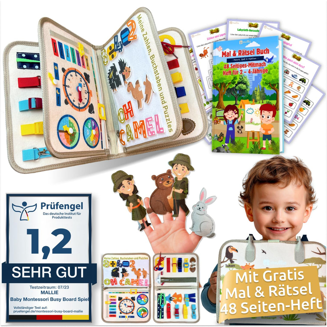 Mallie® Montessori Busy Board mit Rollenspiel-Set & Fingerpuppen [Version 2025] Lernbuch - Fördert F