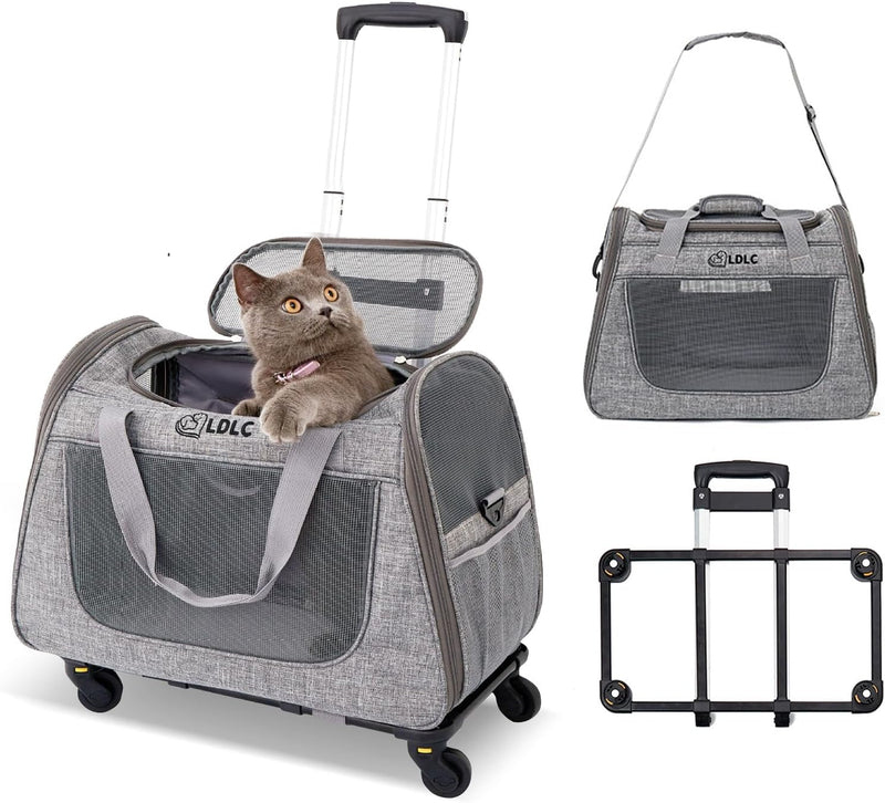 PETCUTE Katzen Transportboxen Bis zu 9 kg,Atmungsaktiv Haustier Transportbox mit Teleskopgriff und R