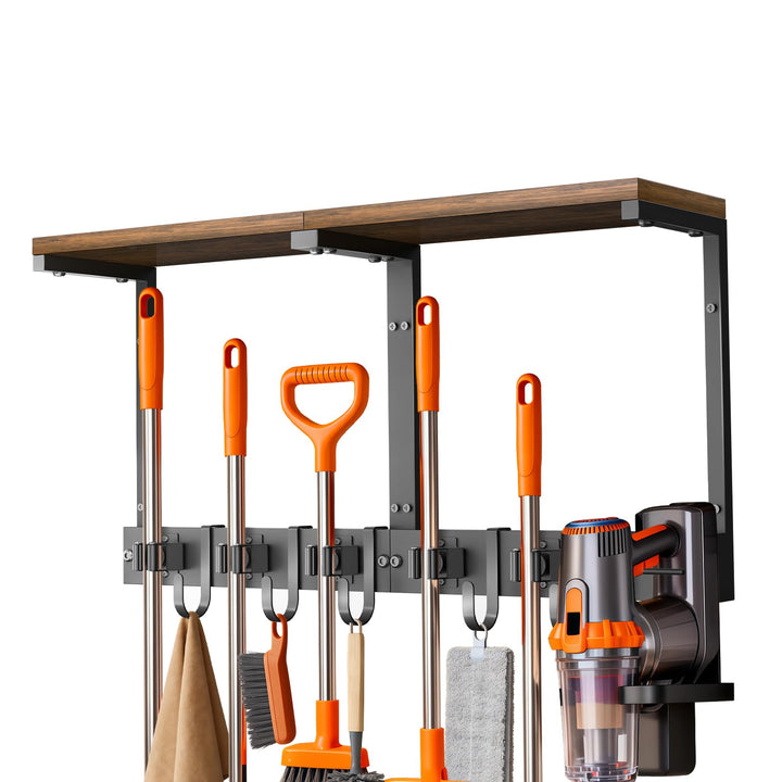 Supforce Besenhalter Wandmontage mit Holzablage, robuster Gerätehalter aus Metall mit Staubsaugerhal
