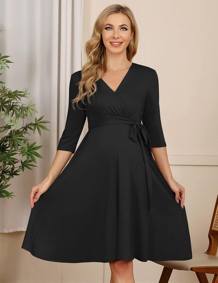 KOJOOIN Damen Umstandskleid Schwangerschafts Kleid für Schwangere Stillkleid V-Ausschnitt Langarm mi