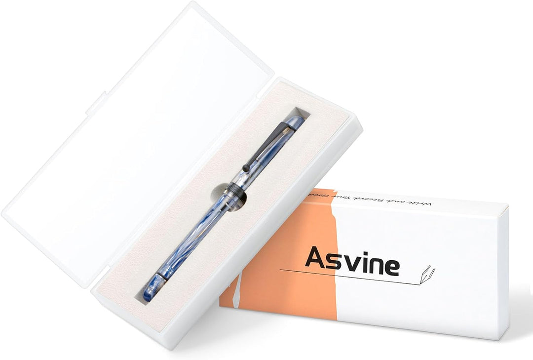 Asvine V126 Füllfederhalter mit Vakuumfüllung, mattschwarz, feine Spitze, blauer Wirbel, Acrylstift,