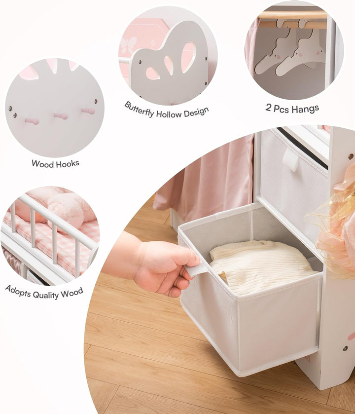 ROBOTIME Holz Puppenbett für Kinder, Baby Puppenbett mit Aufbewahrungsschrank und Bettwäsche, Puppen