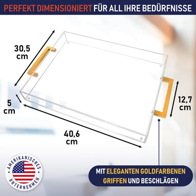 Acryl Serviertablett, goldene Griffe, 40,6 x 30,5 x 5,1 cm dekoratives Tablett für Tisch, Lebensmitt