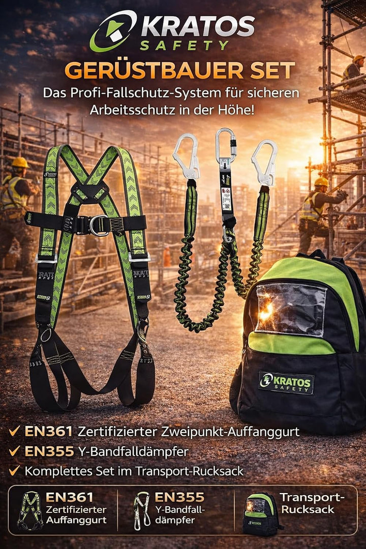 Kratos Safety Gerüstbauer Sicherheitsset, Fallschutz-Set mit Kratos Zweipunktauffanggurt EN361, Y-Ba