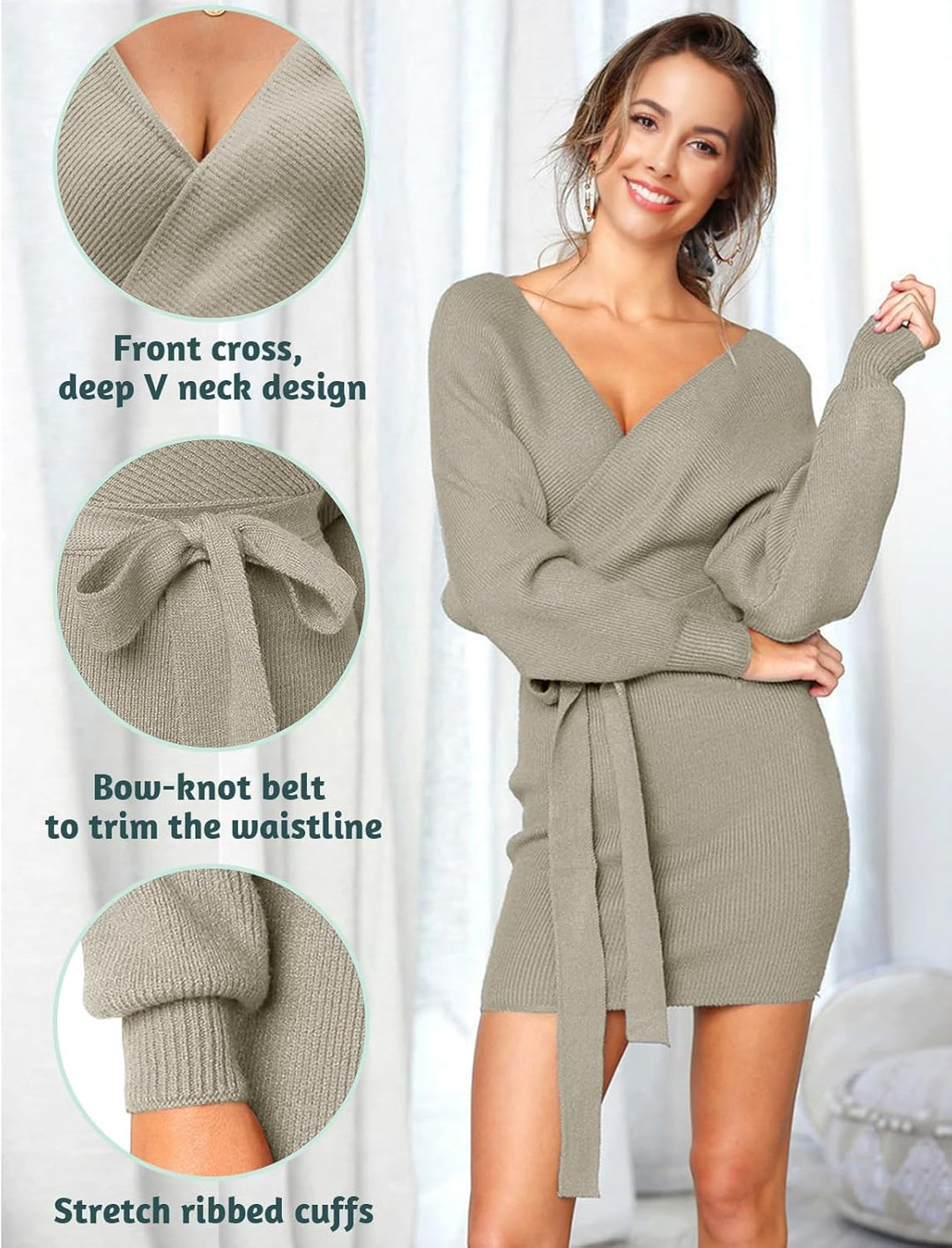 Vancavoo Strickkleid Damen Pulloverkleid V-Ausschnitt Elegant Langarm Pullover Winterkleid Strickpul