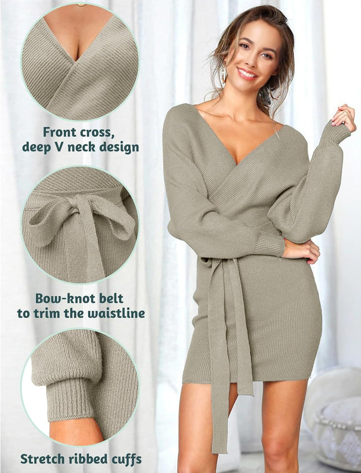Vancavoo Strickkleid Damen Pulloverkleid V-Ausschnitt Elegant Langarm Pullover Winterkleid Strickpul