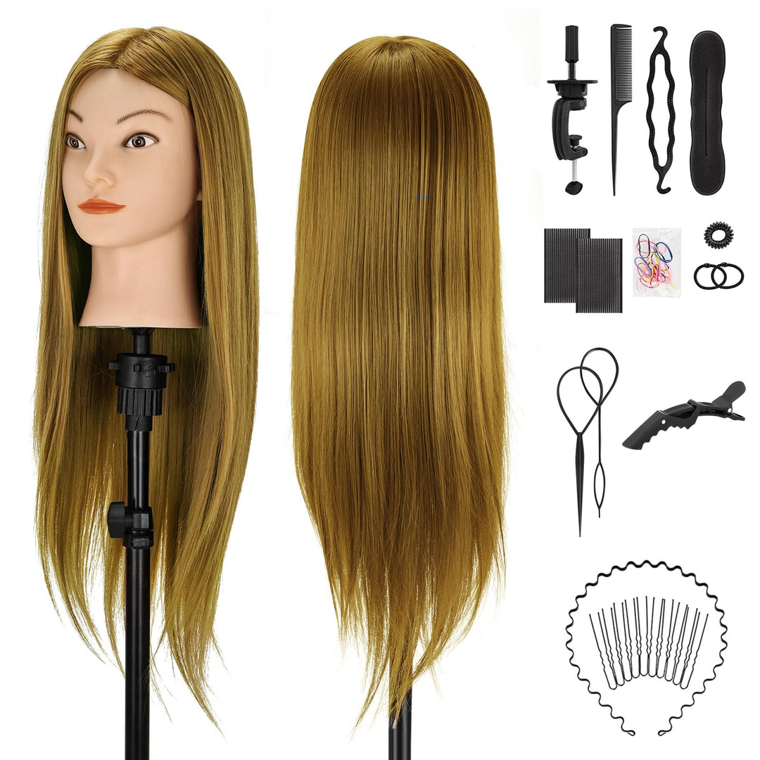 TwoWin Übungspuppe mit braunem Kopf, Echthaar, zum Flechten von Make-up, inklusive Klemmhalter, Brau