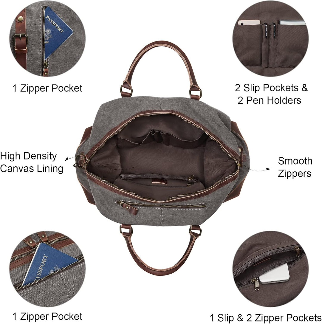 S-ZONE Reisetasche 52-55L Vintage Canvas Crazy Horse Leder Trim Unisex Handgepäck Weekender Tasche S