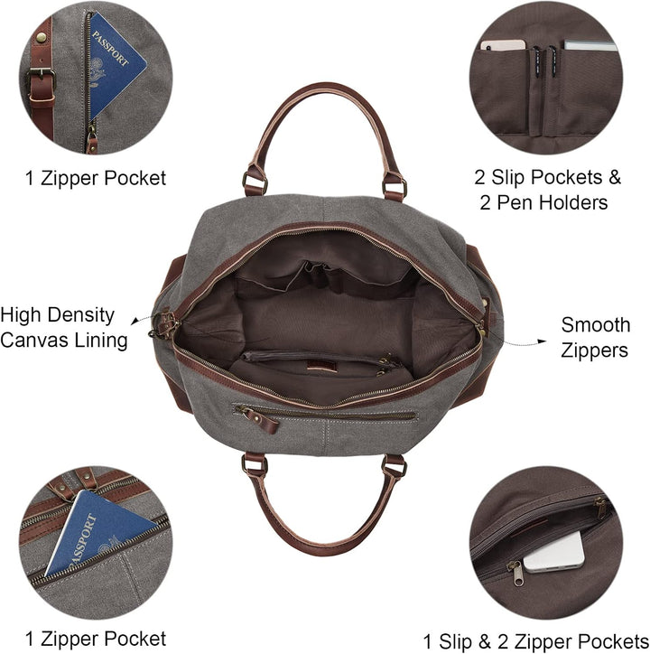 S-ZONE Reisetasche 52-55L Vintage Canvas Crazy Horse Leder Trim Unisex Handgepäck Weekender Tasche S