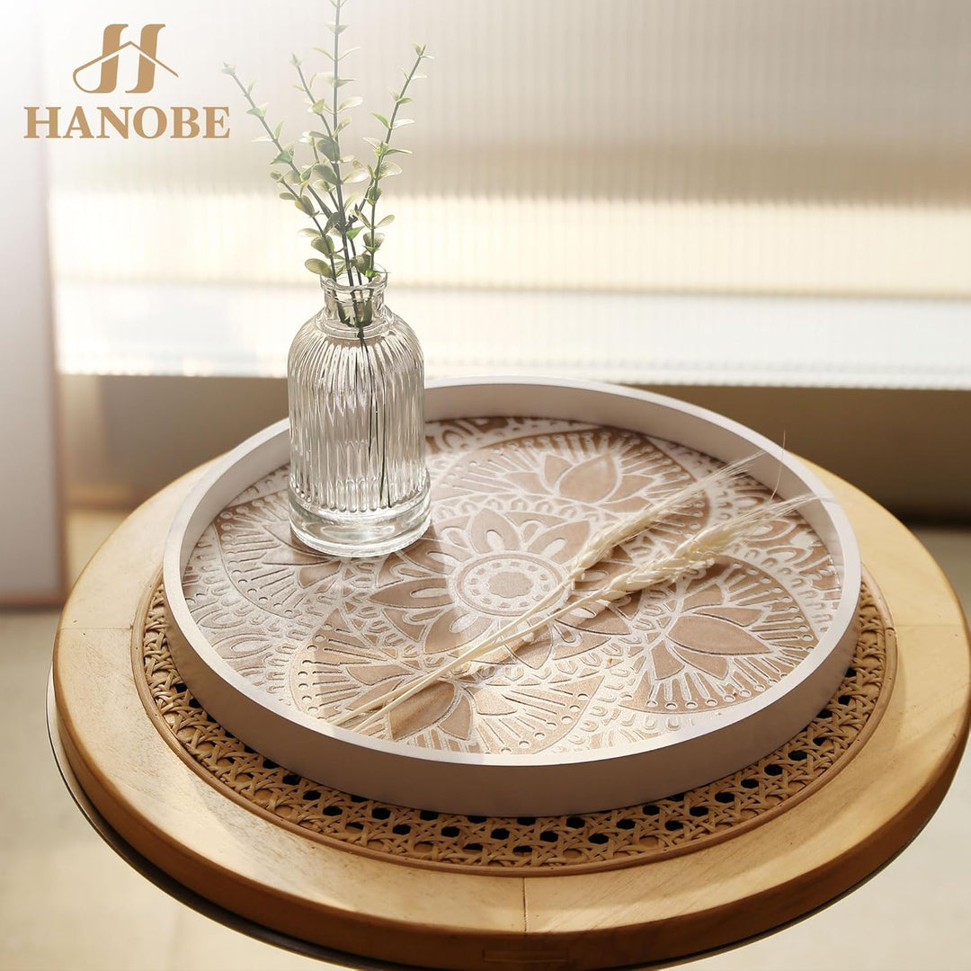 Hanobe Holztablett Deko Tablett Rund: Vintage Dekotablett Weiss Gewaschen 30cm Serviertablett Holz K