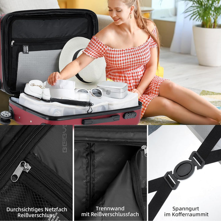 BEIBYE Zwillingsrollen 2066 Hartschale Trolley Koffer Reisekoffer Gepäck M-L-XL-Set (Weinrot, XL), X