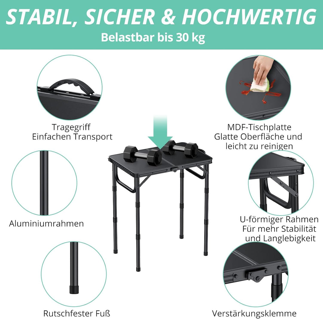 VINTEAM Campingtisch, 3-Fach höhenverstellbar, Leichter klappbarer Picknicktisch mit MDF-Platte, tra