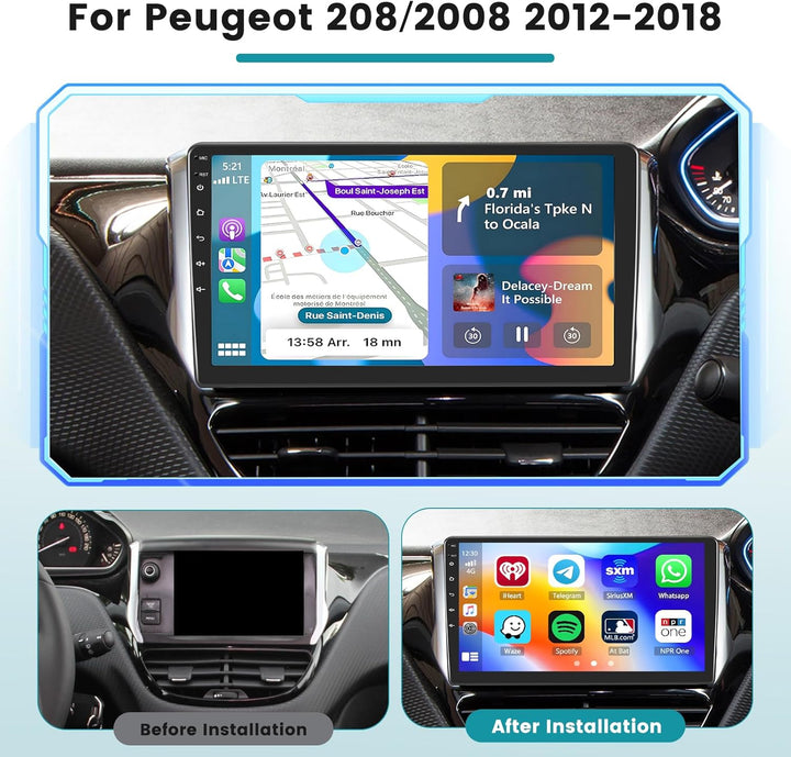 Hikity 2G 64G Android Autoradio Für Peugeot 208/2008 2012-2018 mit Wireless Carplay Android Auto, 10
