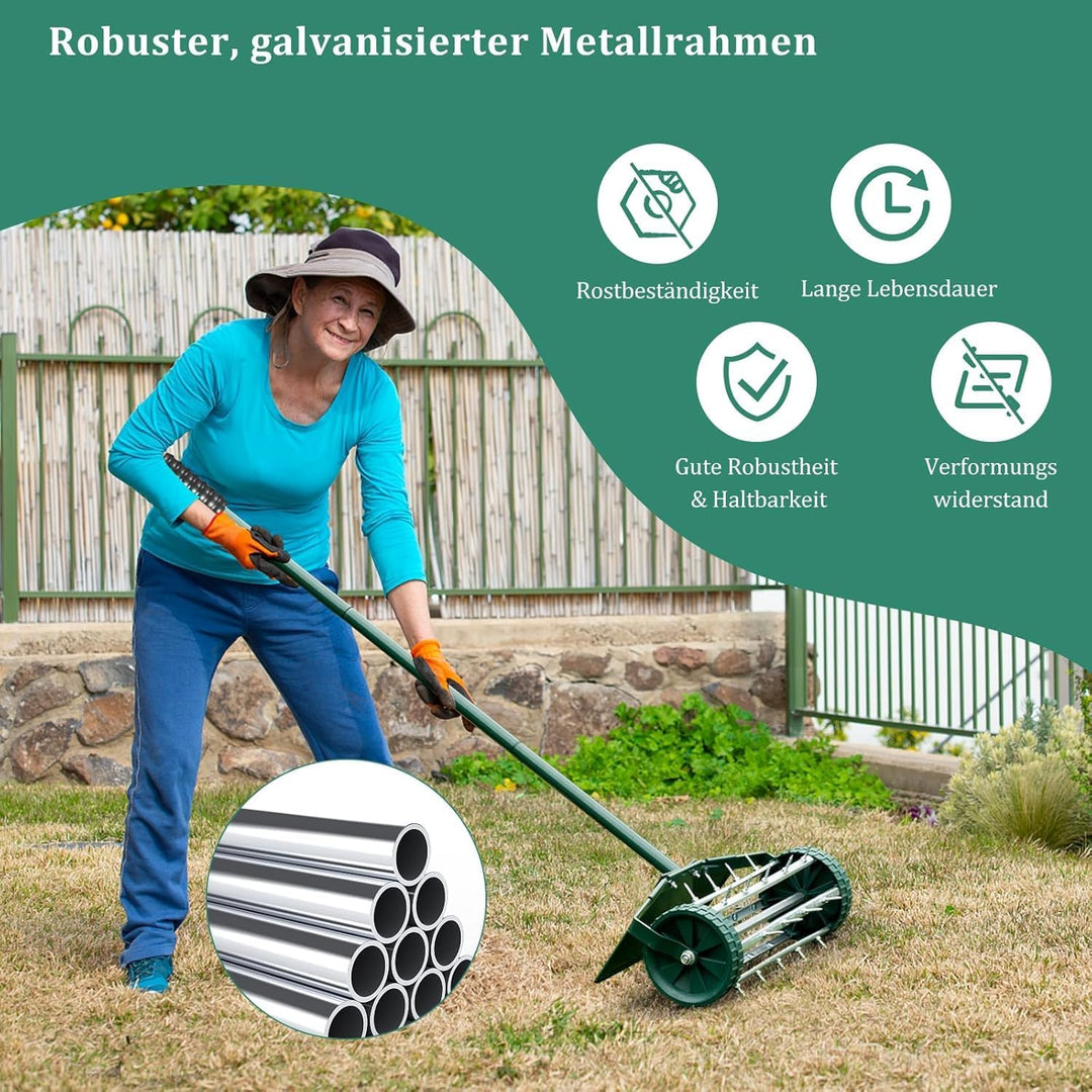 FANTASK Rasenlüfter Walze mit Stiel, Grün Handvertikutierer rollend, Rasenrolle mit 3cm Nägeln & Spr