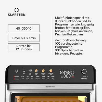 Klarstein AirGlaze Digital Colour Heissluftfritteuse – 34 L, 2200 W, 19 Programme, Drehspiess, Touch