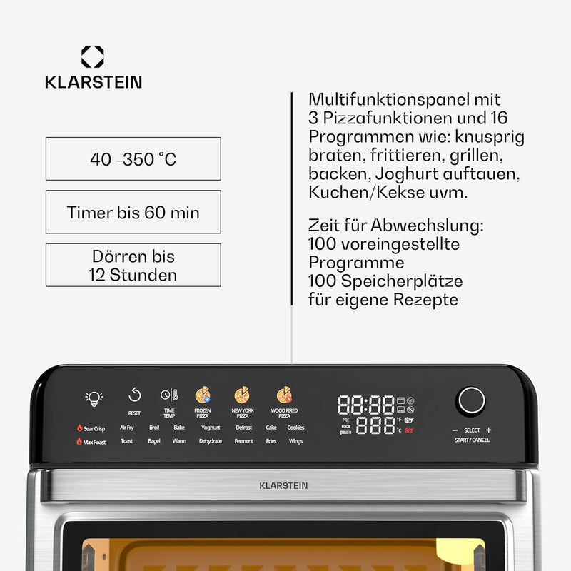 Klarstein AirGlaze Digital Colour Heissluftfritteuse – 34 L, 2200 W, 19 Programme, Drehspiess, Touch