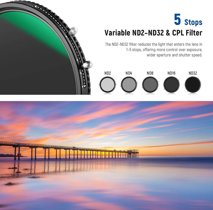 NEEWER 2 in 1 55mm Variable ND Filter ND2-ND32&CPL (Zirkular Polfilter) No X Cross Variabel Graufilt