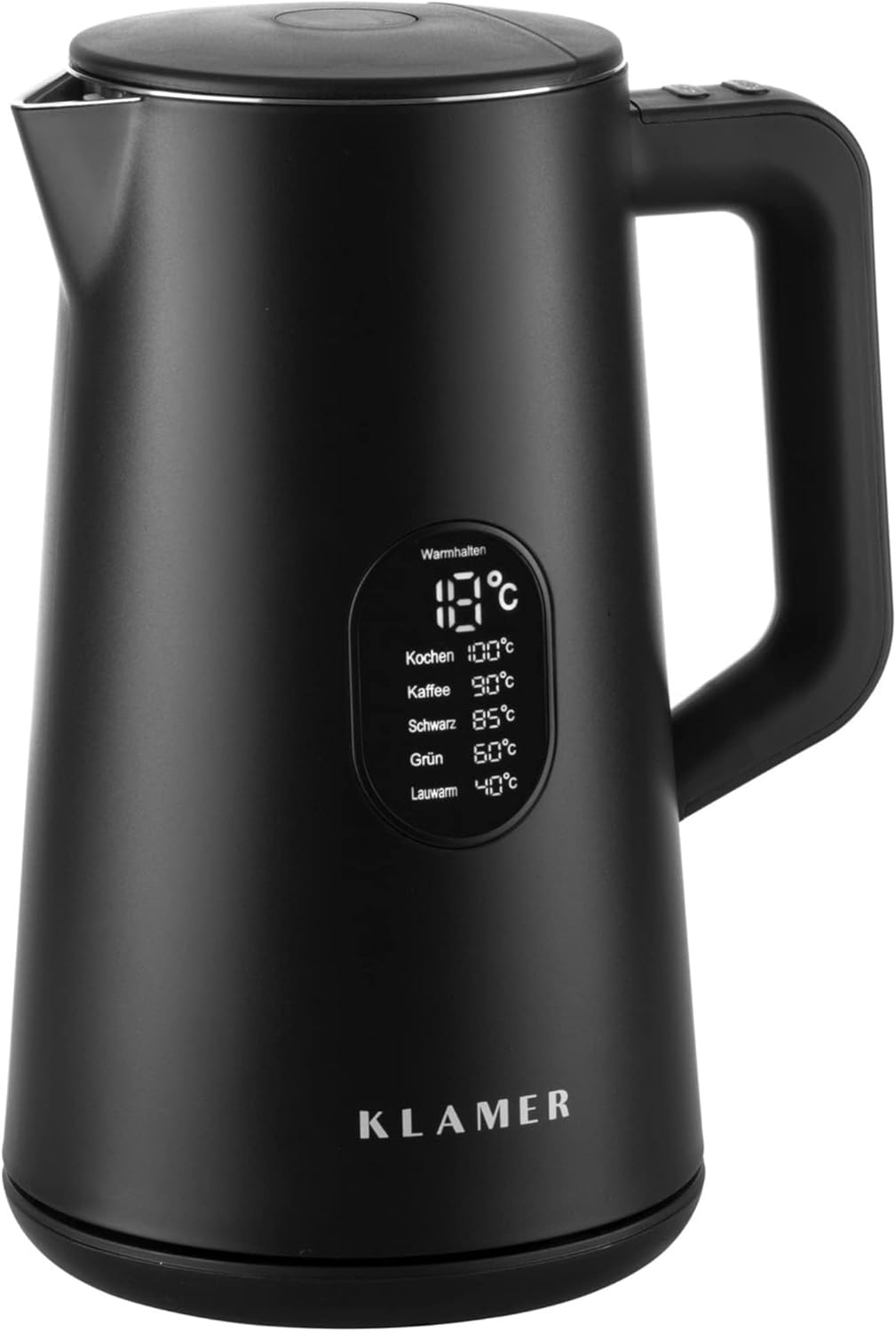 KLAMER Edelstahl Wasserkocher mit Temperatureinstellung 40-100°C, Warmhaltefunktion, mattschwarzes K