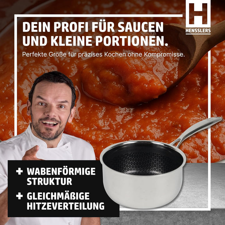 HENSSLERS® Stielkasserolle 16cm [ALLE HERDARTEN] - Saucepan aus Edelstahl - Stieltopf mit innovative