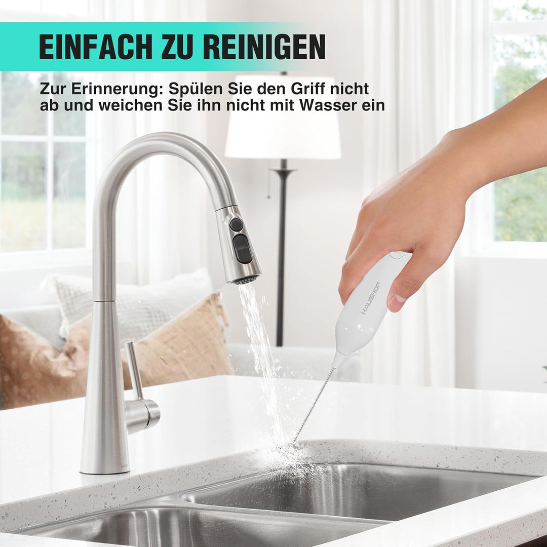 HAUSHOF Milchaufschäumer Stab, Wiederaufladbarer Hand-Milchschäumer, mit Schneebesen aus Edelstahl,