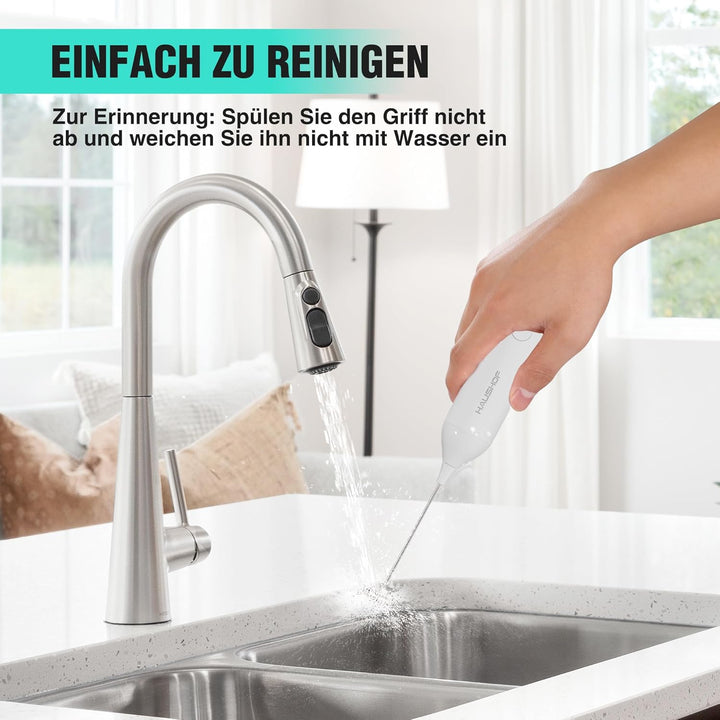 HAUSHOF Milchaufschäumer Stab, Wiederaufladbarer Hand-Milchschäumer, mit Schneebesen aus Edelstahl,