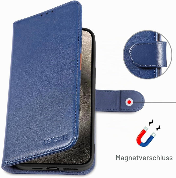 LENSUN Echt Lederhülle für iPhone 15 Pro Max, Handyhülle [Magnetverschluss][RFID Bloker] Handytasche