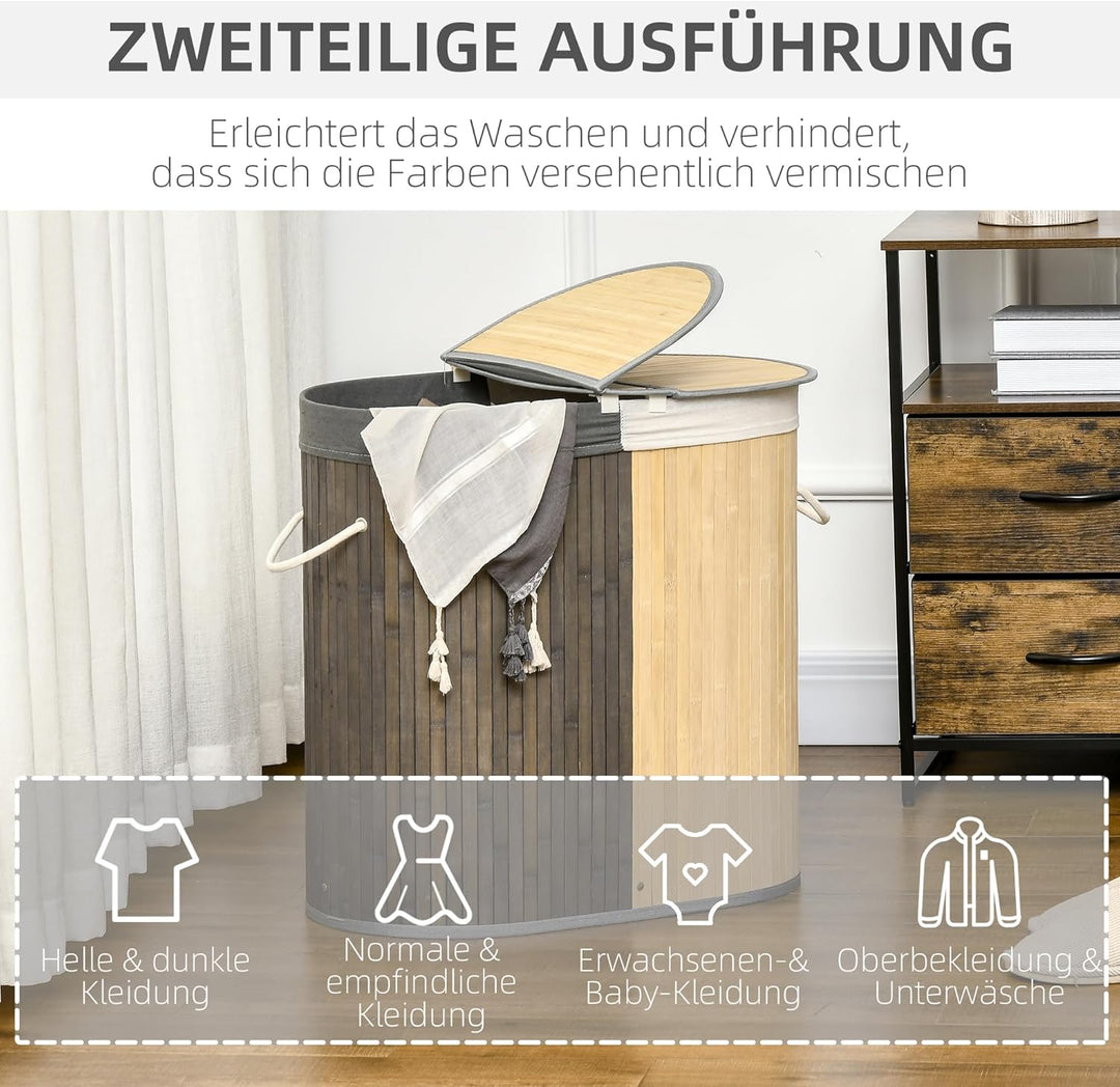 HOMCOM Bambus Wäschekorb mit Deckel 100L Wäschesammler mit Griffen, 2 herausnehmbarer Wäschesack, Wä