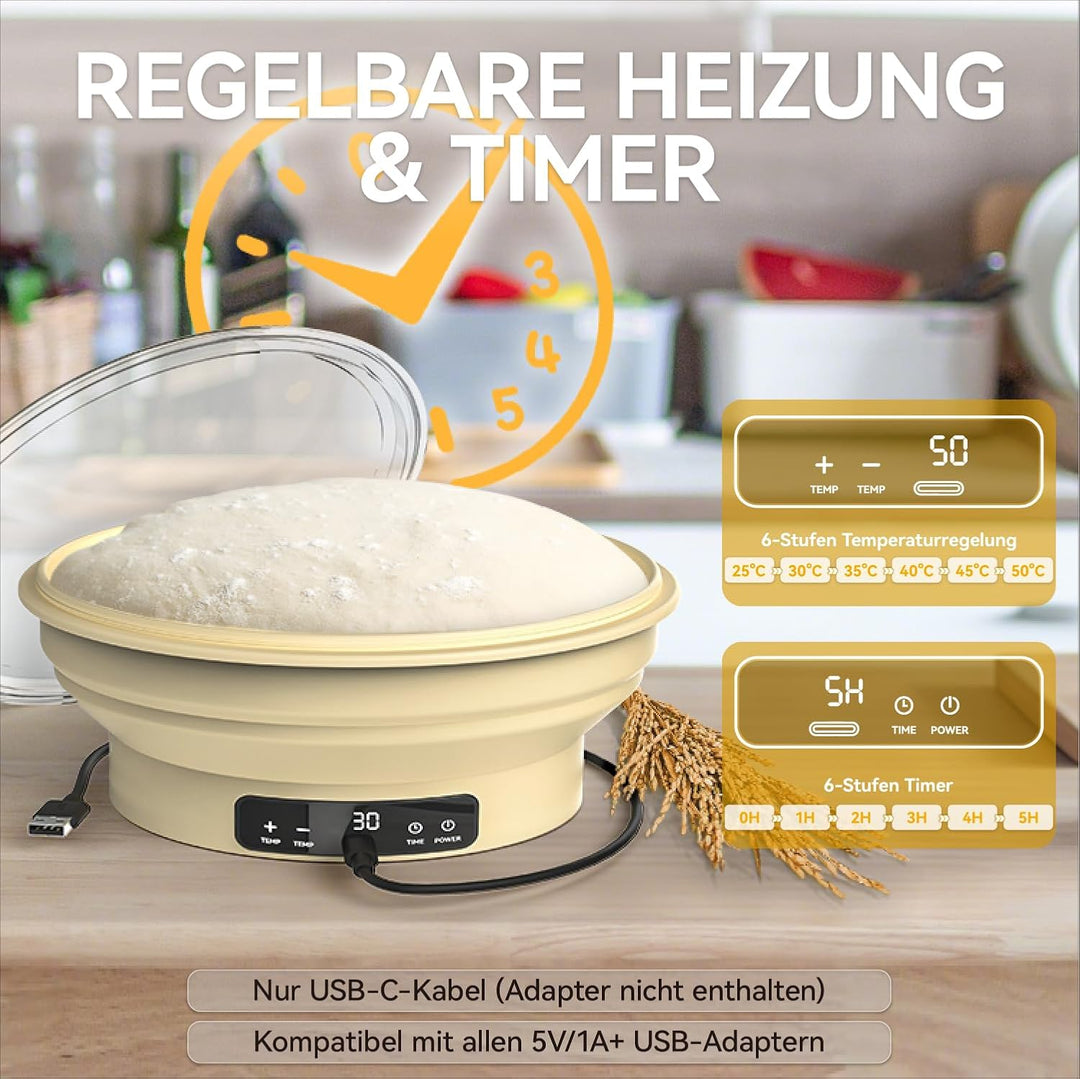 Gärkörbchen mit Heizfunktion und Timer – Rundes Silikon Gärkorb 30cm Brot Backen Zubehör für Sauerte