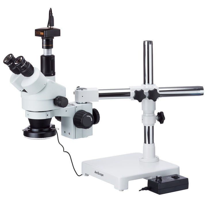 AmScope SM-3TY-144-5M Trinokulares Zoom Stereomikroskop am Auslegerständer mit 144 LED-Licht und 5MP