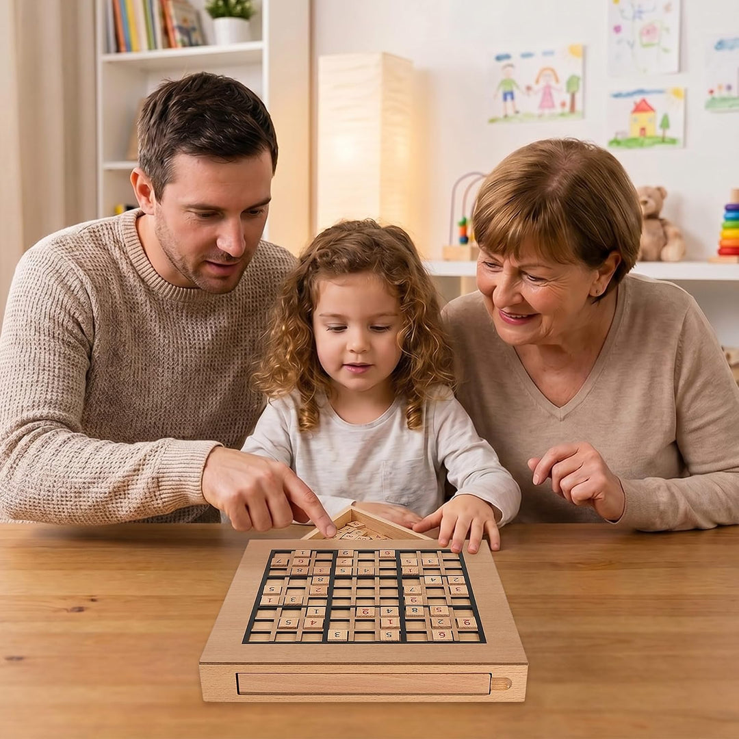 Sudoku Holzspiel mit Sudoku Brett, 90 Grossen Zahlen und Denksteinen & 2 Aufbewahrungsschubladen – D