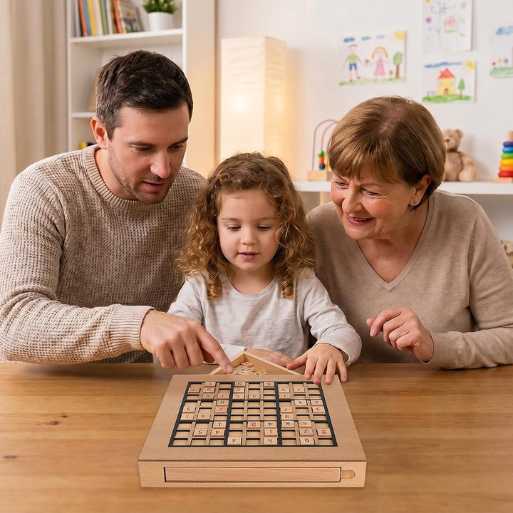 Sudoku Holzspiel mit Sudoku Brett, 90 Grossen Zahlen und Denksteinen & 2 Aufbewahrungsschubladen – D