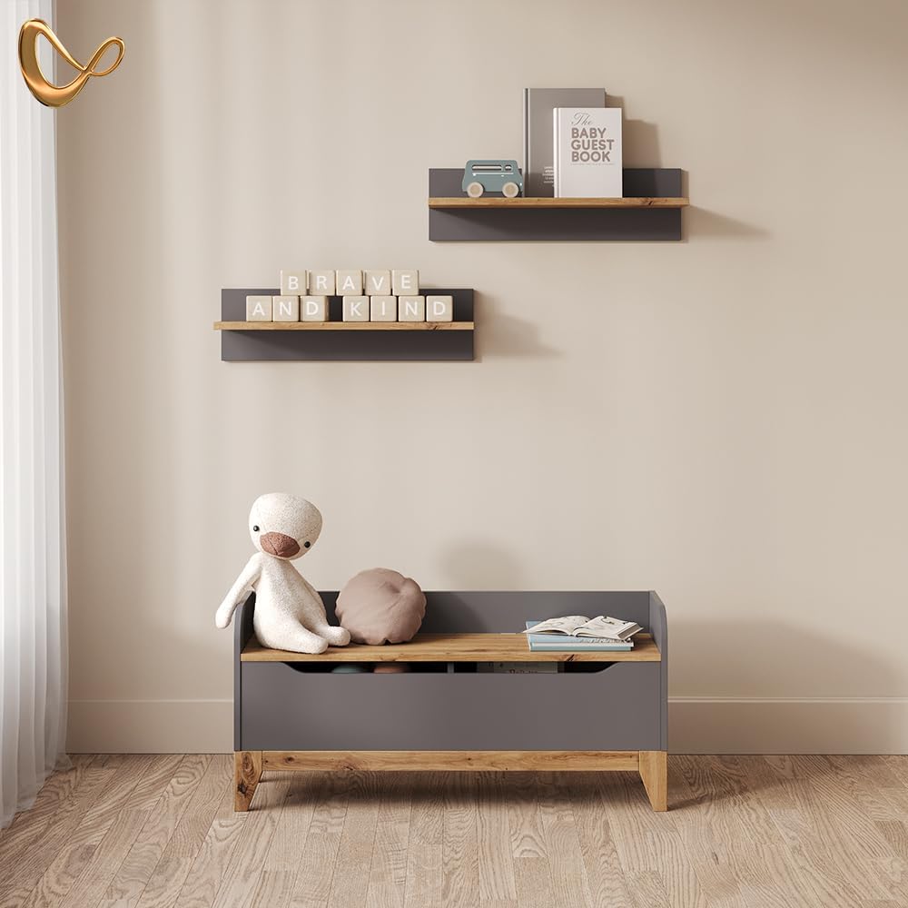 Livinity Spielzeugtruhe Malia, Grau/Artisan, 107.2 x 50 cm mit Sitzbank Grey/Artisan Oak, Grey/Artis