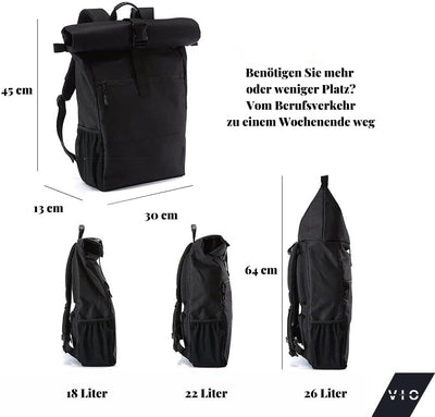 Vio Products: Öko-Freundlicher Rolltop-Rucksack | Wasserdicht & Erweiterbar | Rucksack mit Laptopfac