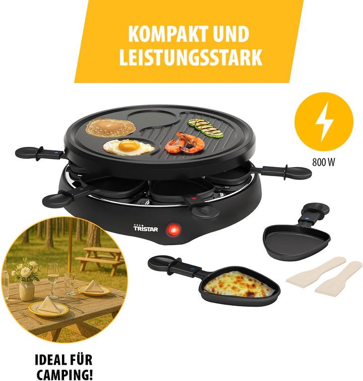 Tristar Raclette für bis zu 6 Personen mit 6 Pfännchen und Crêpe-und Grill-Bereich/Durchmesser 29 cm