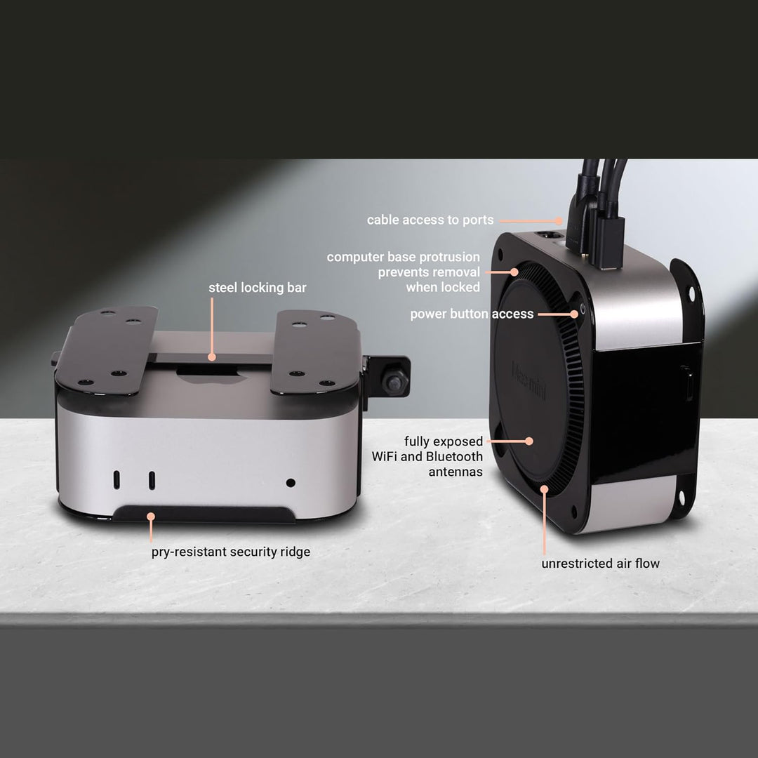 SoNNeT MacCuff mini (2024+): Stahlhalterung zur Montage eines Mac mini (2024) unter einem Tisch, an