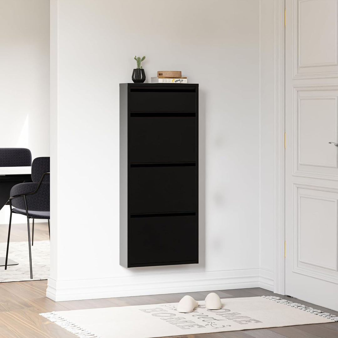 [en.casa] Schuhschrank Sokndal Schuhkipper Schwarz schmal Schuhkommode mit 3+1 Kippfächern Diele Flu