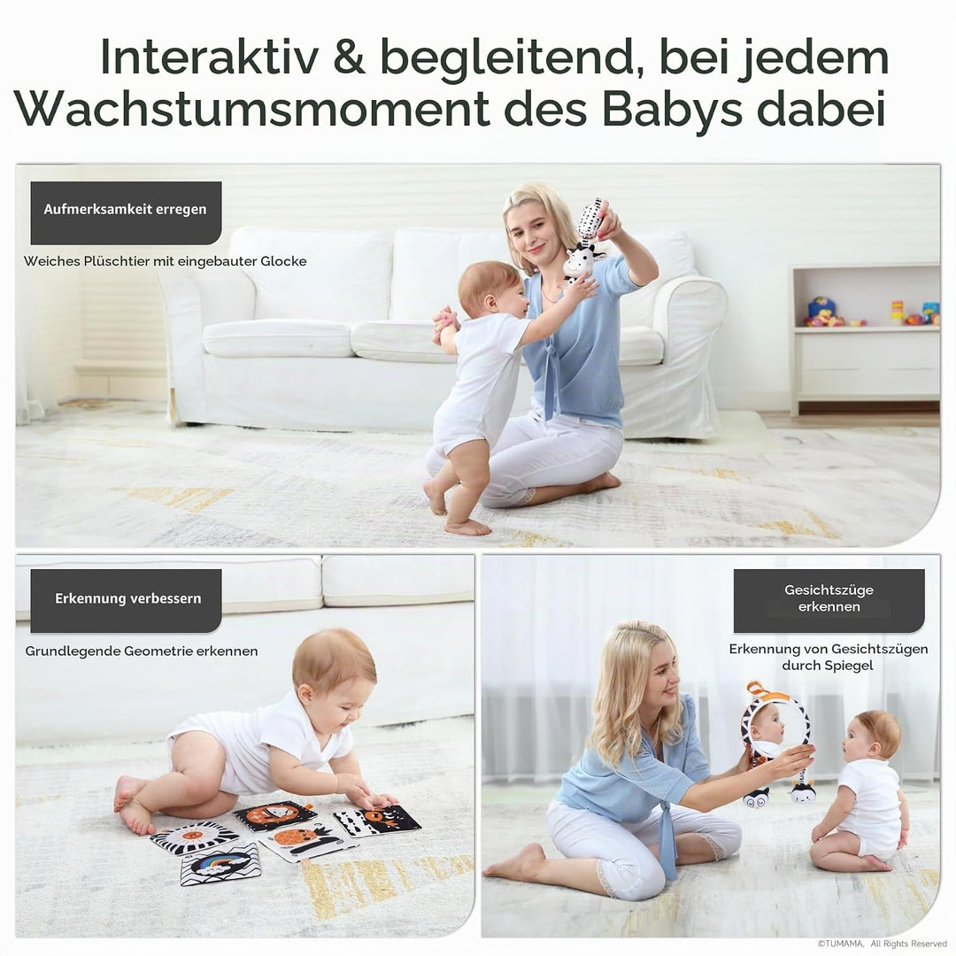 TUMAMA Kontrast Schwarz Weiss Baby Kinderwagen Spielzeug ab 0 2 3 4 6 8 9 Monate, 4pcs Kontrastbuch