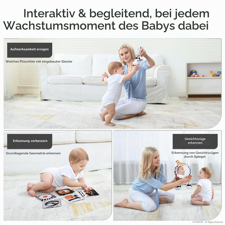 TUMAMA Kontrast Schwarz Weiss Baby Kinderwagen Spielzeug ab 0 2 3 4 6 8 9 Monate, 4pcs Kontrastbuch