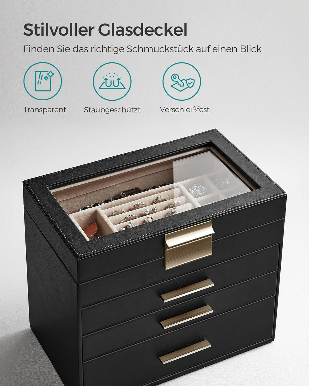 SONGMICS Schmuckkästchen, Schmuckkasten mit 4 Ebenen, Schmuckbox mit Glasdeckel, 3 Schubladen, für S