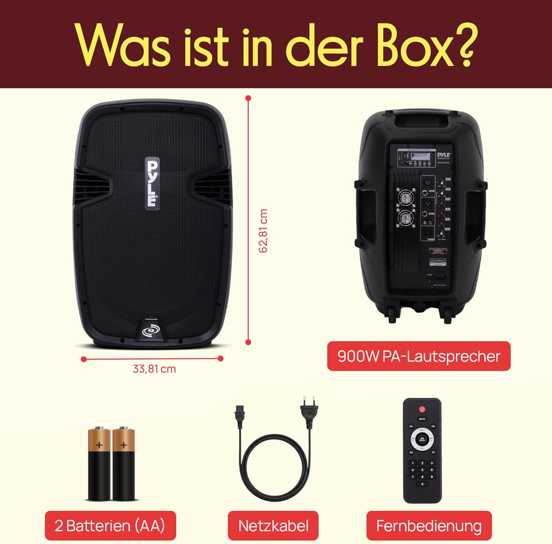 Pyle PRO PA Anlage – 900W Bluetooth PA Lautsprecher mit Akku, USB, SD, FM, MP3, Partybox Mobil Tragb