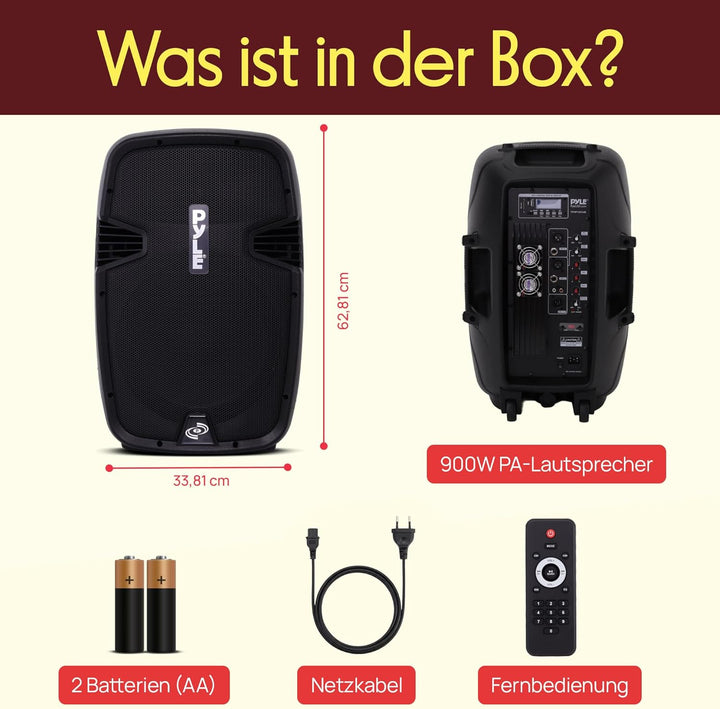 Pyle PRO PA Anlage – 900W Bluetooth PA Lautsprecher mit Akku, USB, SD, FM, MP3, Partybox Mobil Tragb