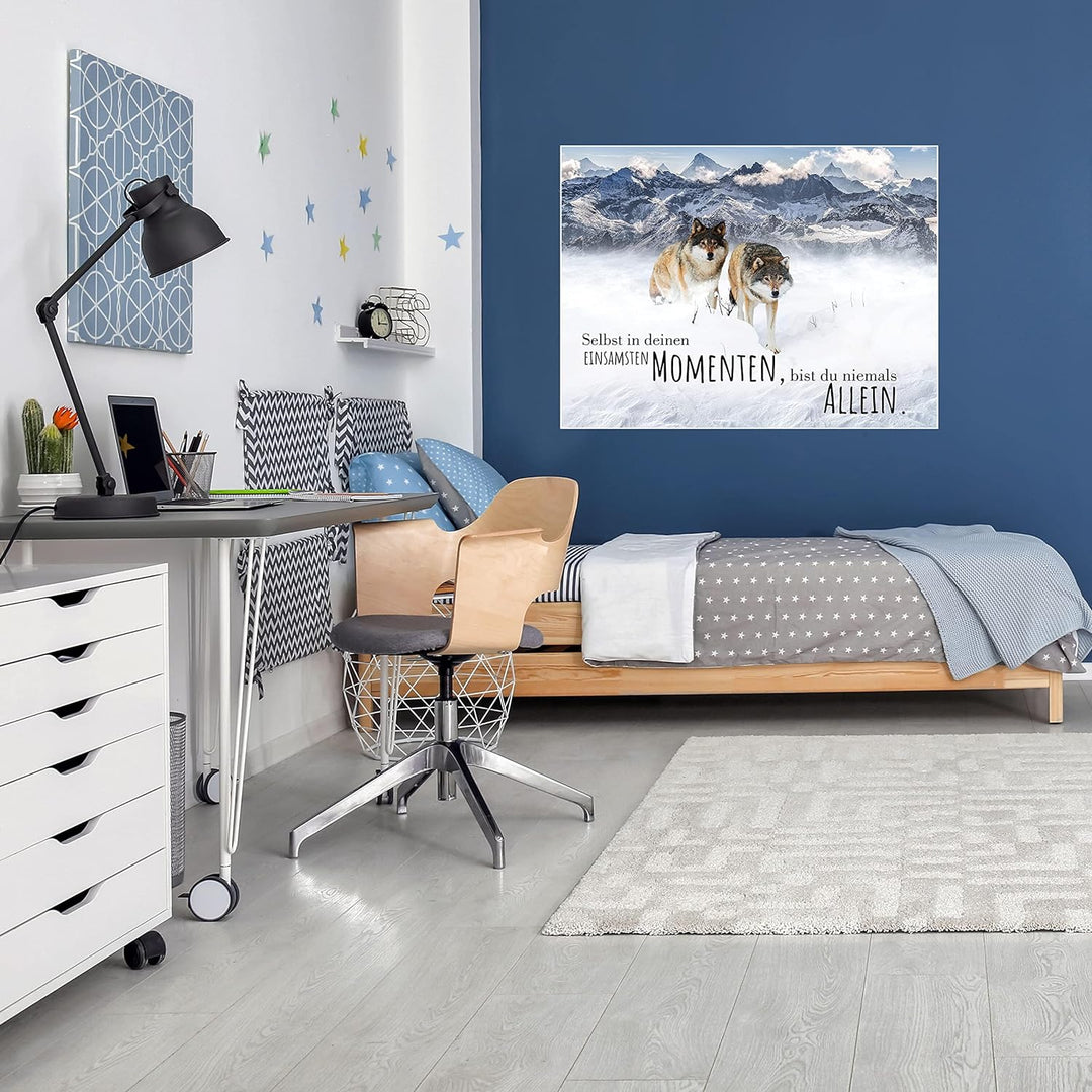 wandmotiv24 Poster als Wanddeko, Grösse 80x60cm, Wolfsrudel, Niemals allein, Wölfe, Wolf, Berge, Tie