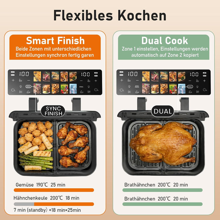 Air Fryer 9L 2000 W, Heissluftfritteuse 2 Kammern mit kühlem Griff | Digitaler Touchscreen, Sichtfen
