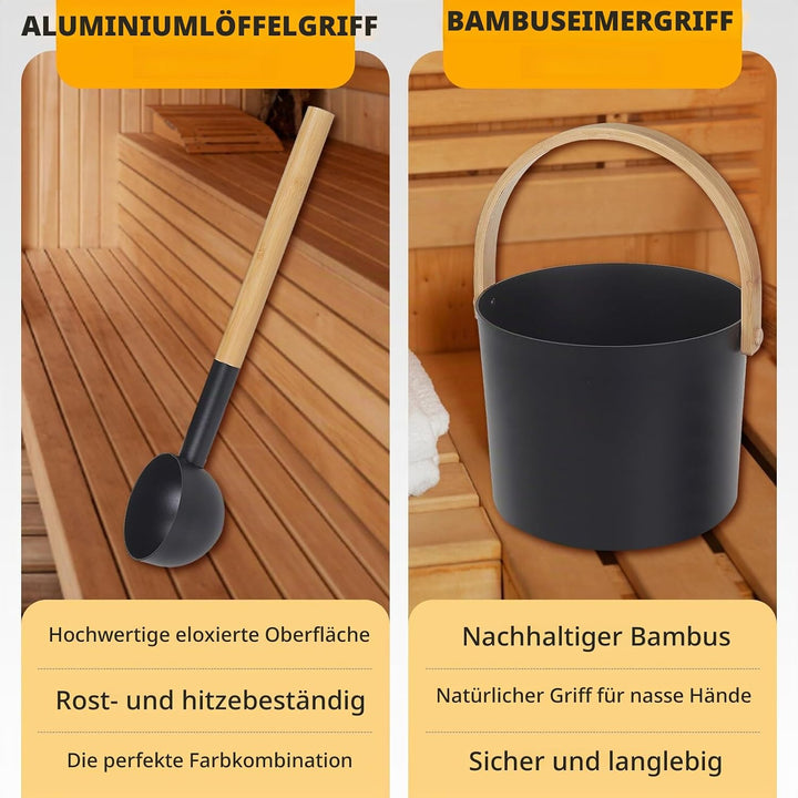 Saunakübel Set, 7L Aluminium Sauna Eimer mit Sanduhr, Saunaschale, Saunakelle, Thermo &amp; Hygrometer,