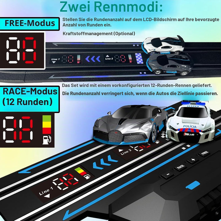 Slot Car Racing Set mit LED-Rundenanzeige, Hochgeschwindigkeit, Tankstopp, Sprachfeedback, 4 lizenzi