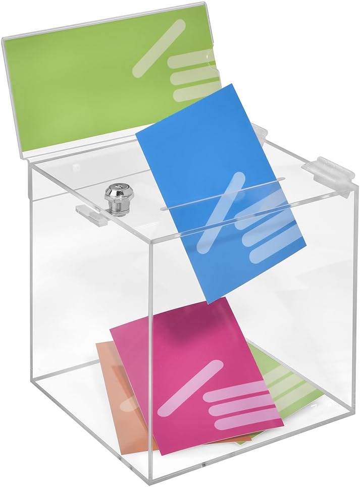 Losbox aus Acrylglas in 200x200x200mm mit Schloss und Topschild DIN Lang Quer - Zeigis® / Spendenbox