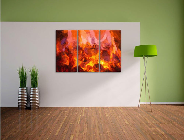 Pixxprint Kaminfeuer Pinsel Effekt 3-Teiler Leinwandbild 120x80 Bild auf Leinwand