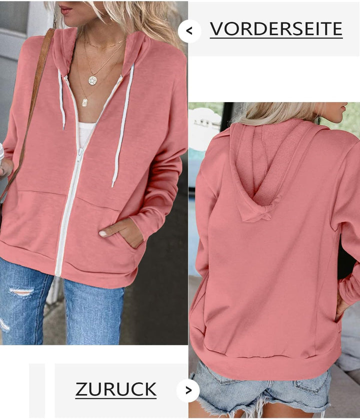 Uusollecy Damen Sweatjacke Hoodie Sweatshirtjacke Pullover Oberteile Kapuzenpullover Einfarbig Full