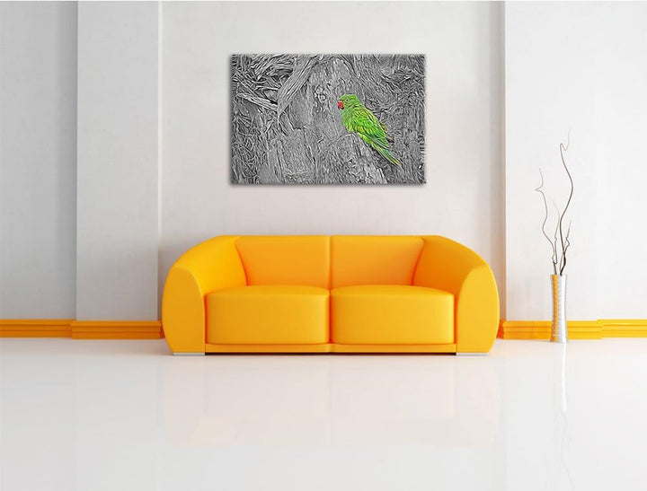 schöner Papagei im Gehölz schwarz/weiss Deluxe Format: 100x70 cm auf Leinwand, XXL riesige Bilder fe