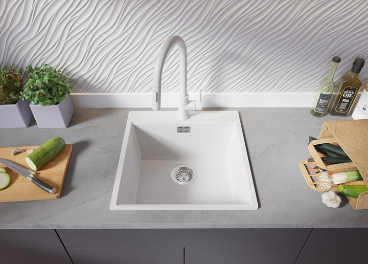 PRIMAGRAN Granitspüle Weiss 48x50cm, Granitspüle 1 Becken + Ablauf-Set, Küchenspüle ab 50er Untersch